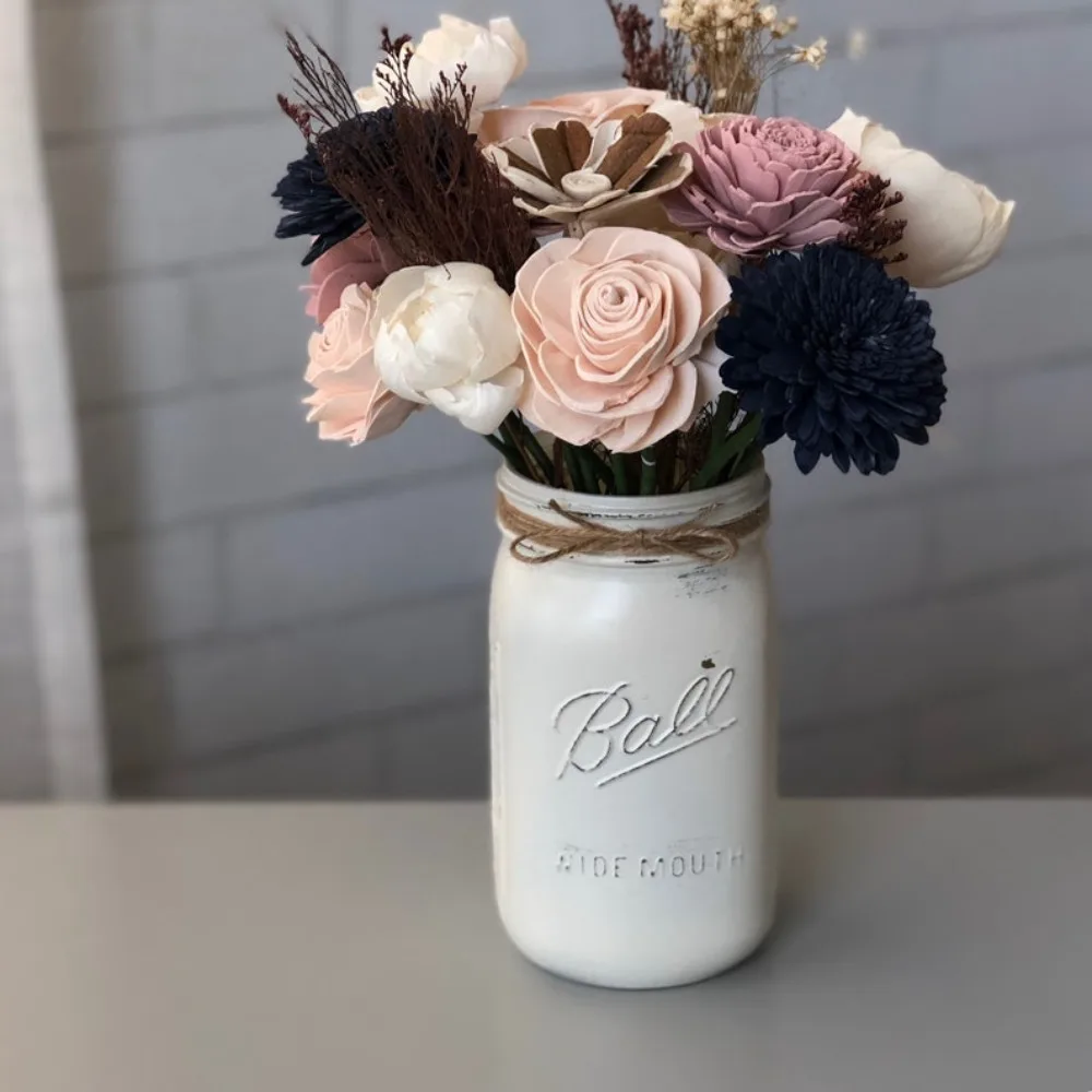 Dried Flowers,Pink Blush and Navy Wooden Flower Arrangement,Farmhouse Flourish Collection , Rustic Decor,Forever Flowers