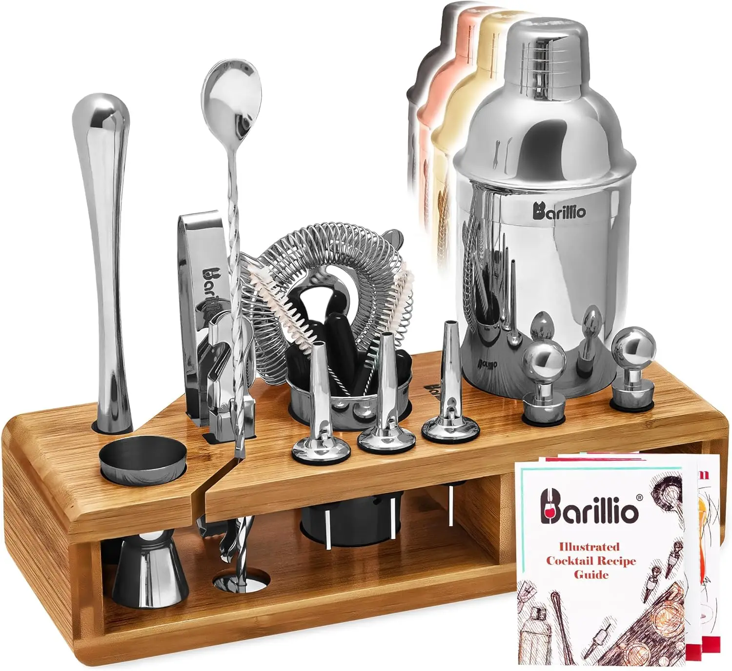 23-Piece Bartender Kit Cocktail Shaker Set by BARILLIO: Stainless Steel Bar Tools with Sleek Bamboo Stand, Velvet Carry Bag