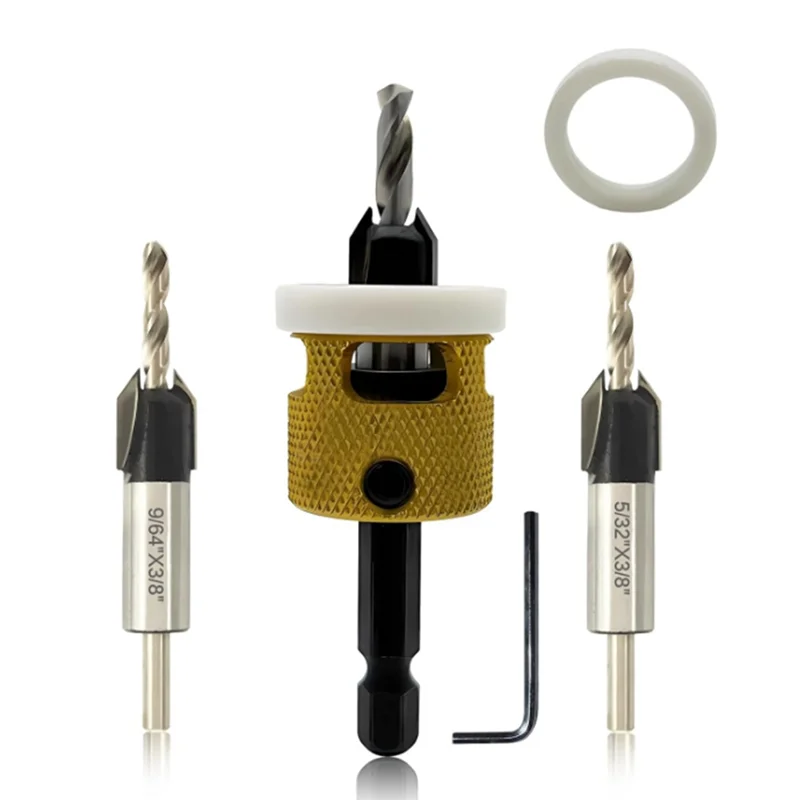 A43F-Sechskantschaft-Senkerbohrer-Set, 1/8 Zoll, 9/64 Zoll, 5/32 Zoll, Holzbearbeitungs-Senkerbohrer + einstellbarer Bittiefenanschlag