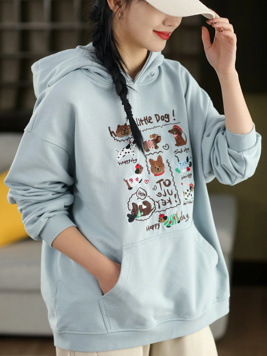 

Плотная хлопковая толстовка с мультяшной вышивкой, женская повседневная толстовка с длинными рукавами, весенняя удобная свободная кофта