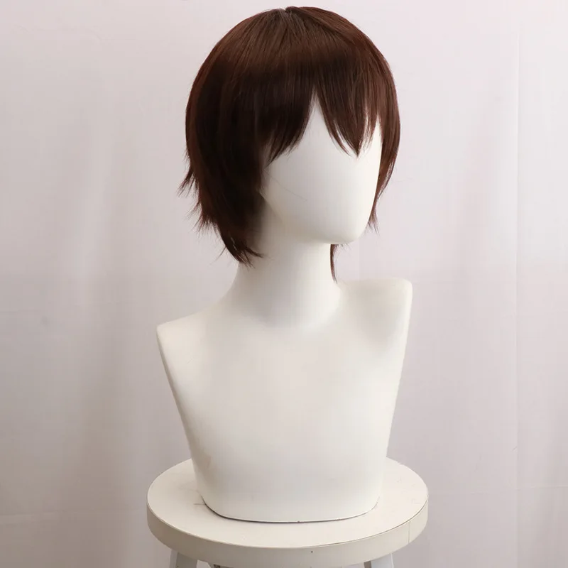 Peluca de cosplay de anime marrón oscuro de Osamu de Dazai para perros Bungo Stray, hecha de seda de alta temperatura, patrón de rosa