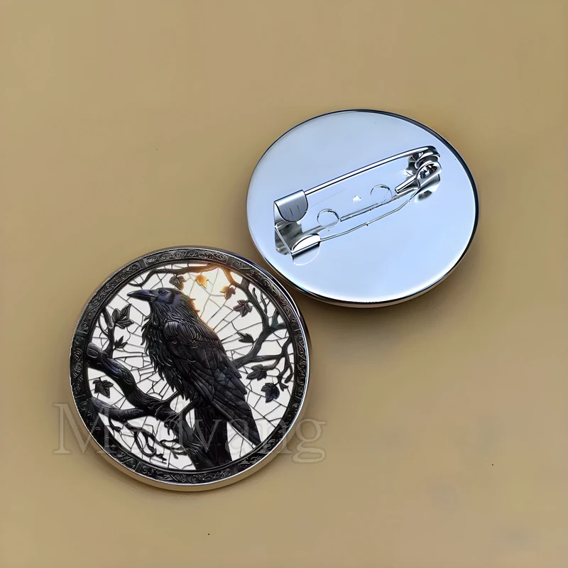Black Crow Pattern Brooch Black Crow Photo Glass Dome Badge Pin Jewelry Clothes Backpack Accessory