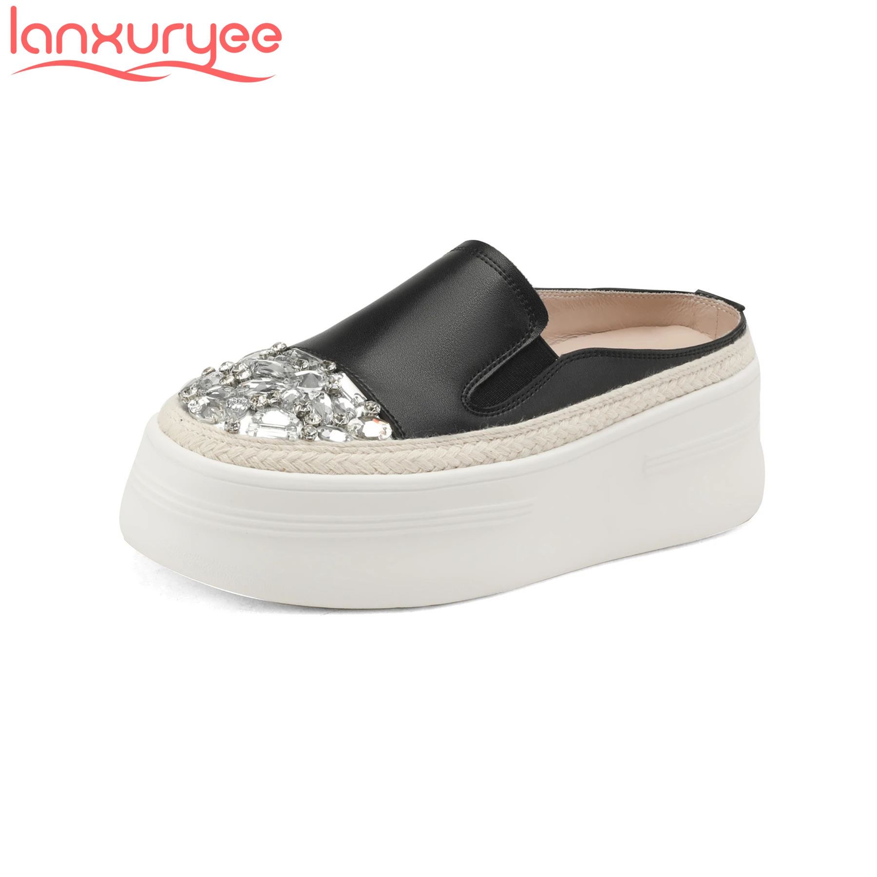 

Lanxuryee Cow Leather Slip On Rhinestone Spring Casual Women Summer Shoes Concise Mules Platform Straw Luxury Vacation Slipper