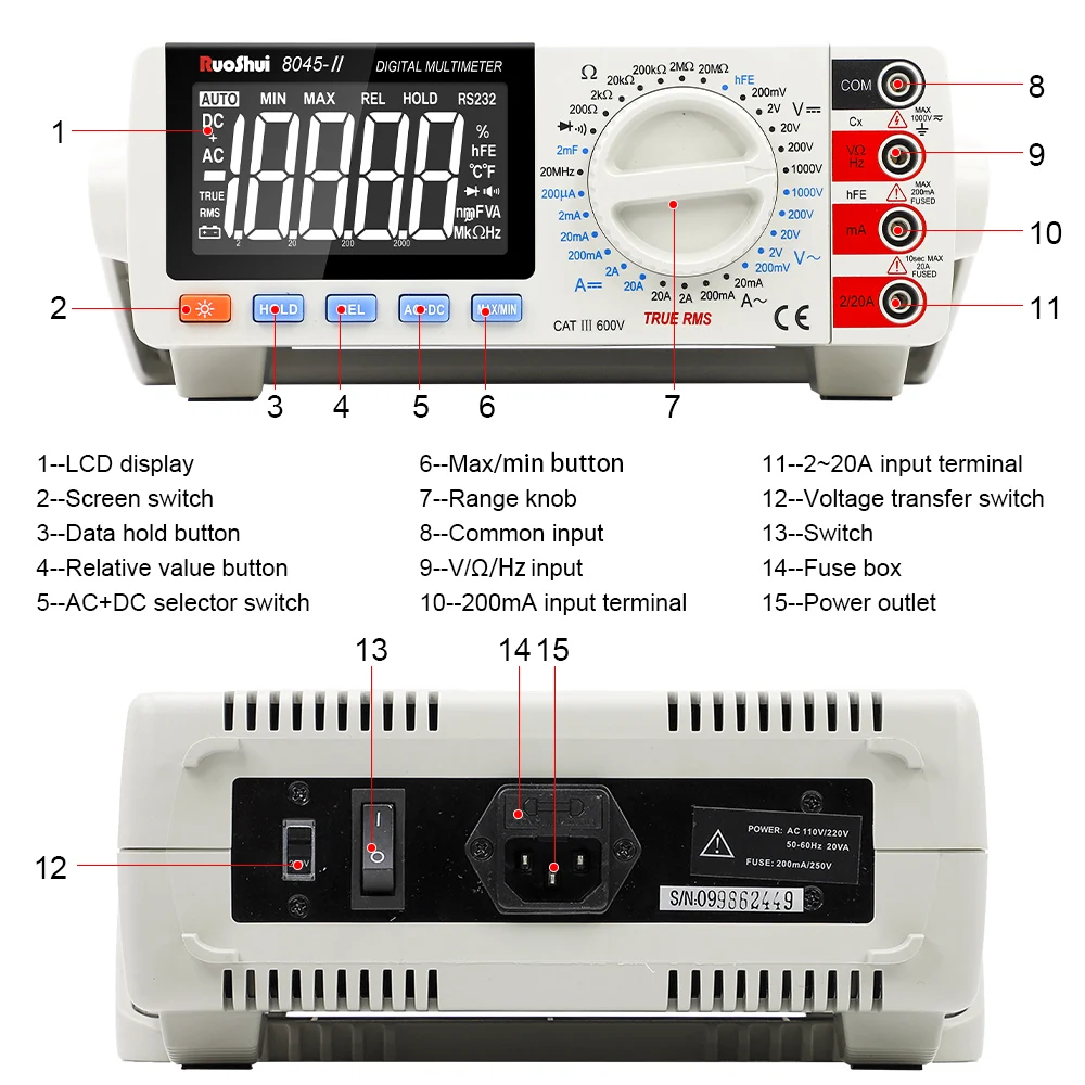 RuoShui 8045 Multimetro digitale True RMS 20000 conteggi Tester Desktop Auto Range Multimetro AC DC voltmetro ohmmetro Multimetro