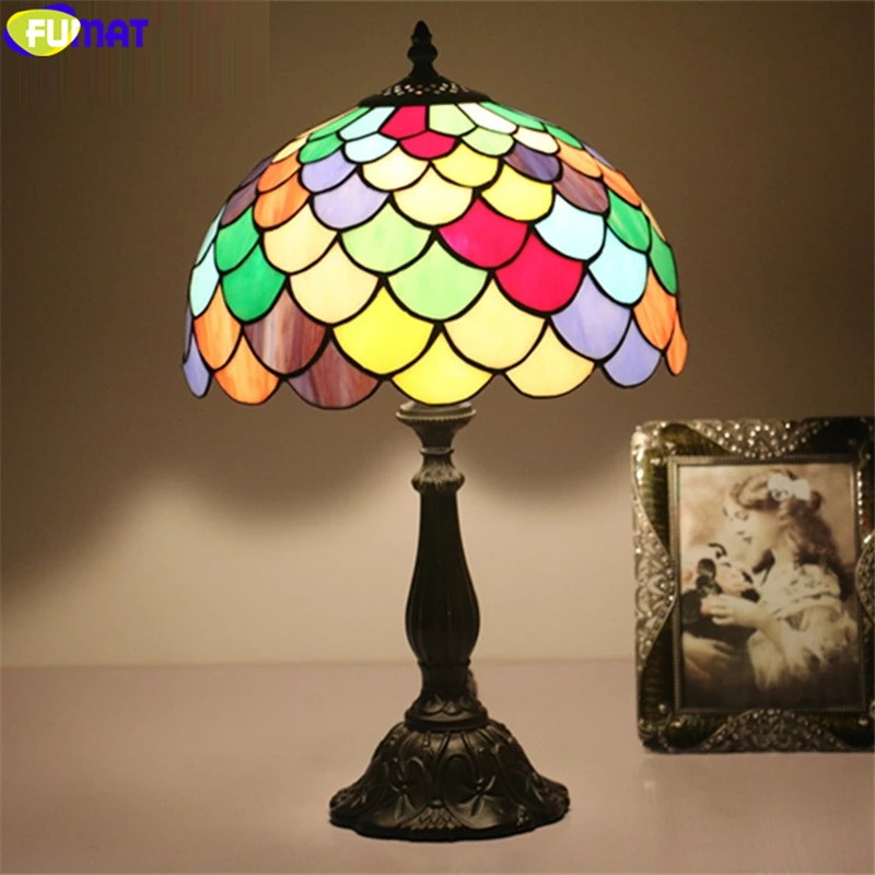 FUMAT tiffany style colorful desk lamp gemstone lampshade stained glass table light dia 12 inch handicraft home decor E27 lamps