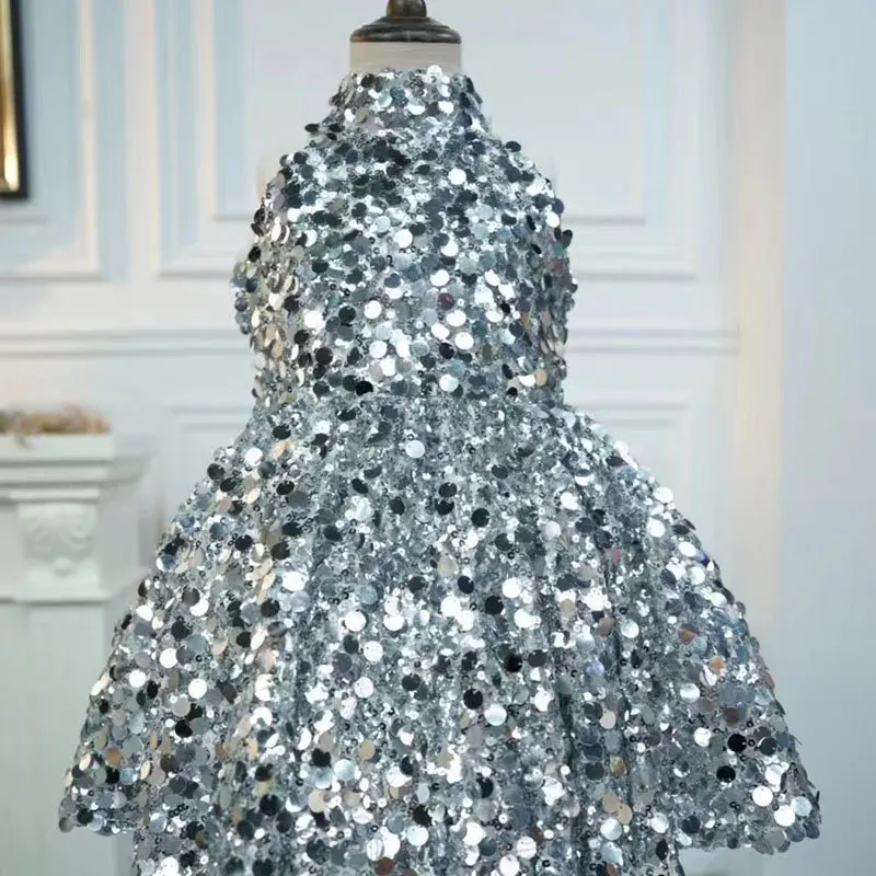 Silver sequined girls' dress new birthday sleeveless fashionable princess dress