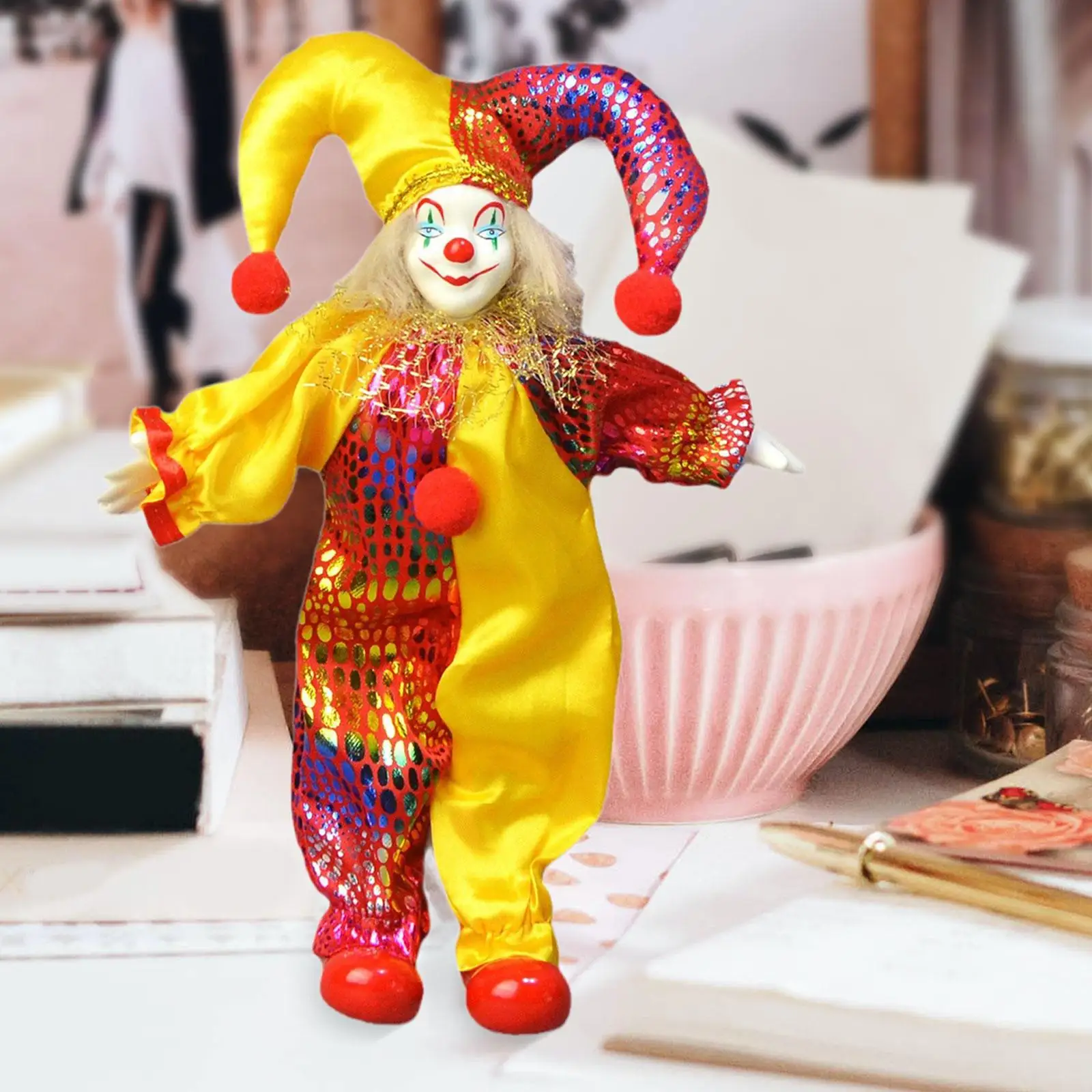 Ceramic Clown Doll Collectible Desk Decor Crafts Table Decoration Doll Ornament Clown Figure for Table Bedroom Birthdays Gift