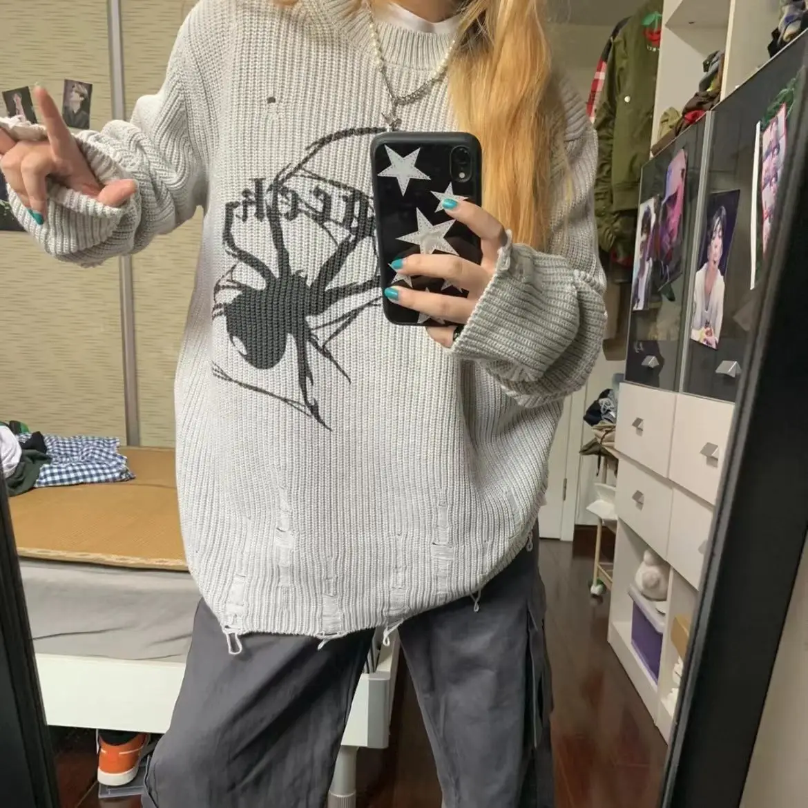 Vintage Tops Grunge Y2k Spider Print Harajuku Thin Sweater Women Gothic Ripped Jumper Streetwear Korean Oversize Hiphop Pullover