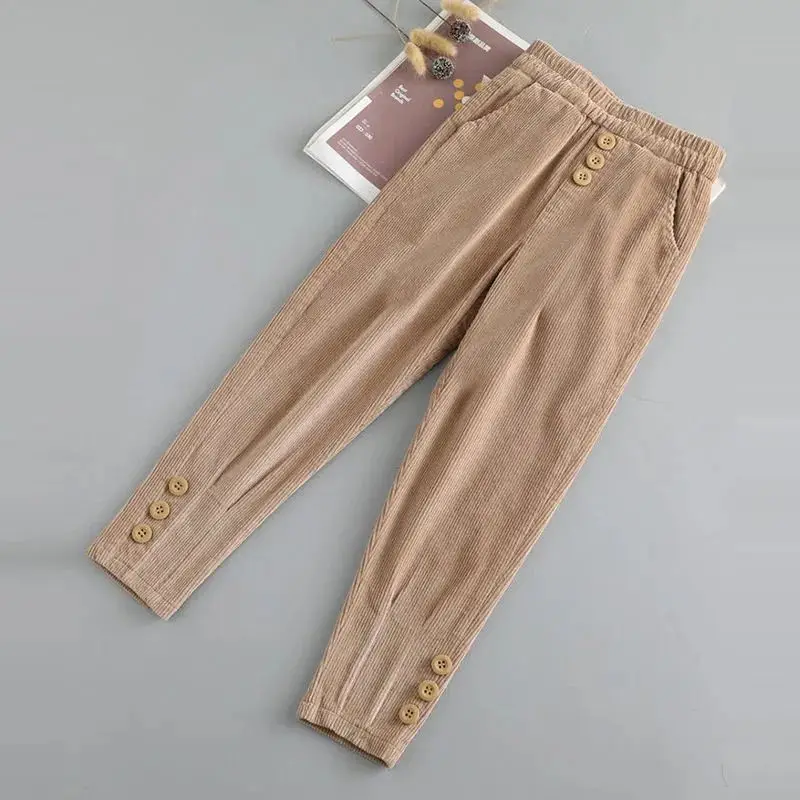 Imagem -03 - Calça de Botão Emendado Feminina Calça Elástica na Cintura Cor Sólida Grossa Casual Roupa Vintage Outono Inverno Moda