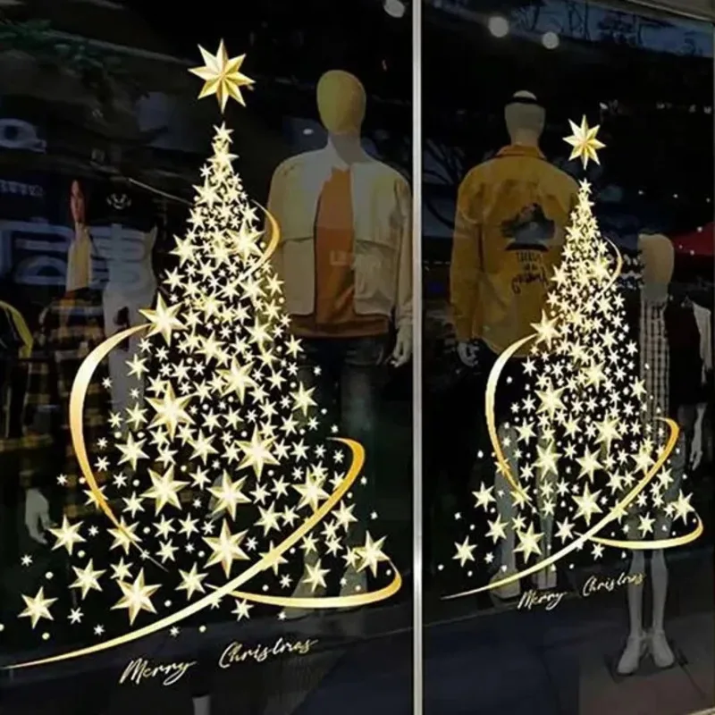 2 Pcs Golden Christmas Tree Window Clings Stickers For DIY Static Wall Window Door Showcase Decal New Year Window Stickers