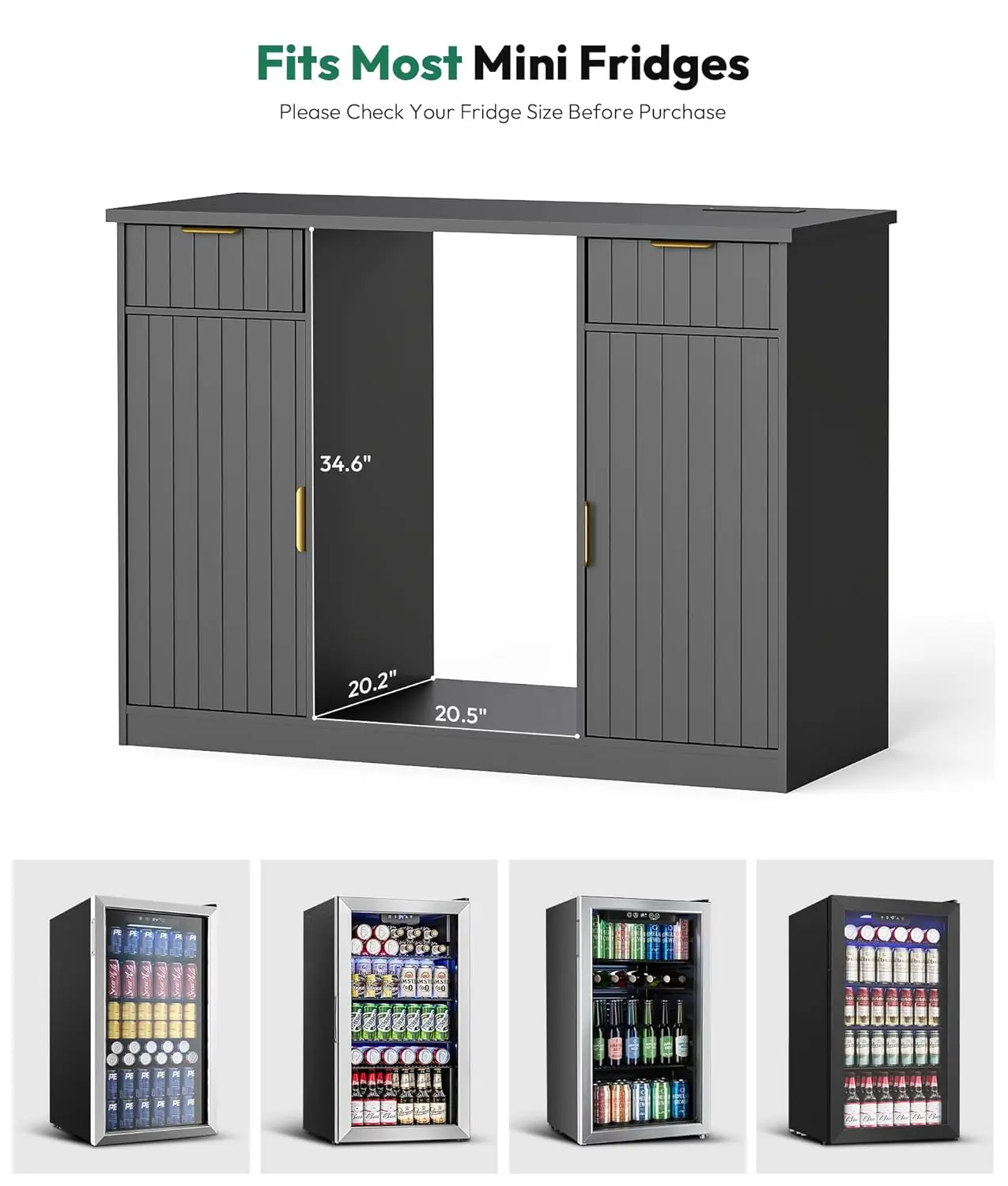 53인치 플루티드 커피 바 캐비닛 (냉장고 공간 포함) - 와인 바 캐비닛 (서랍 및 도어 수납공간 포함), 미니 냉장고 스탠드 (전원 콘센트 포함)
