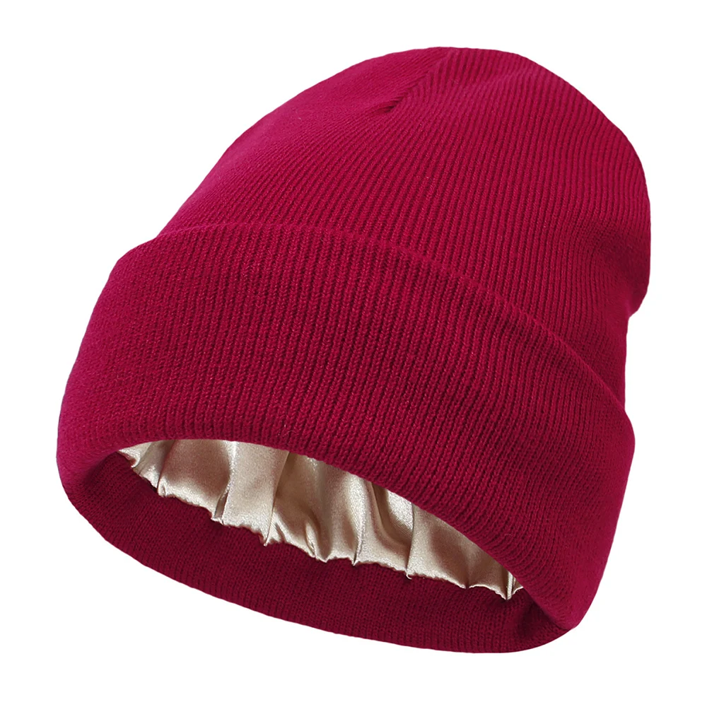 Fashion Women's Beanie Skullies Cap Unisex 2 Layer Cuffed Anti Static Satin Lined Head Cap Hair Cover Winter Silk Slouchy Warm