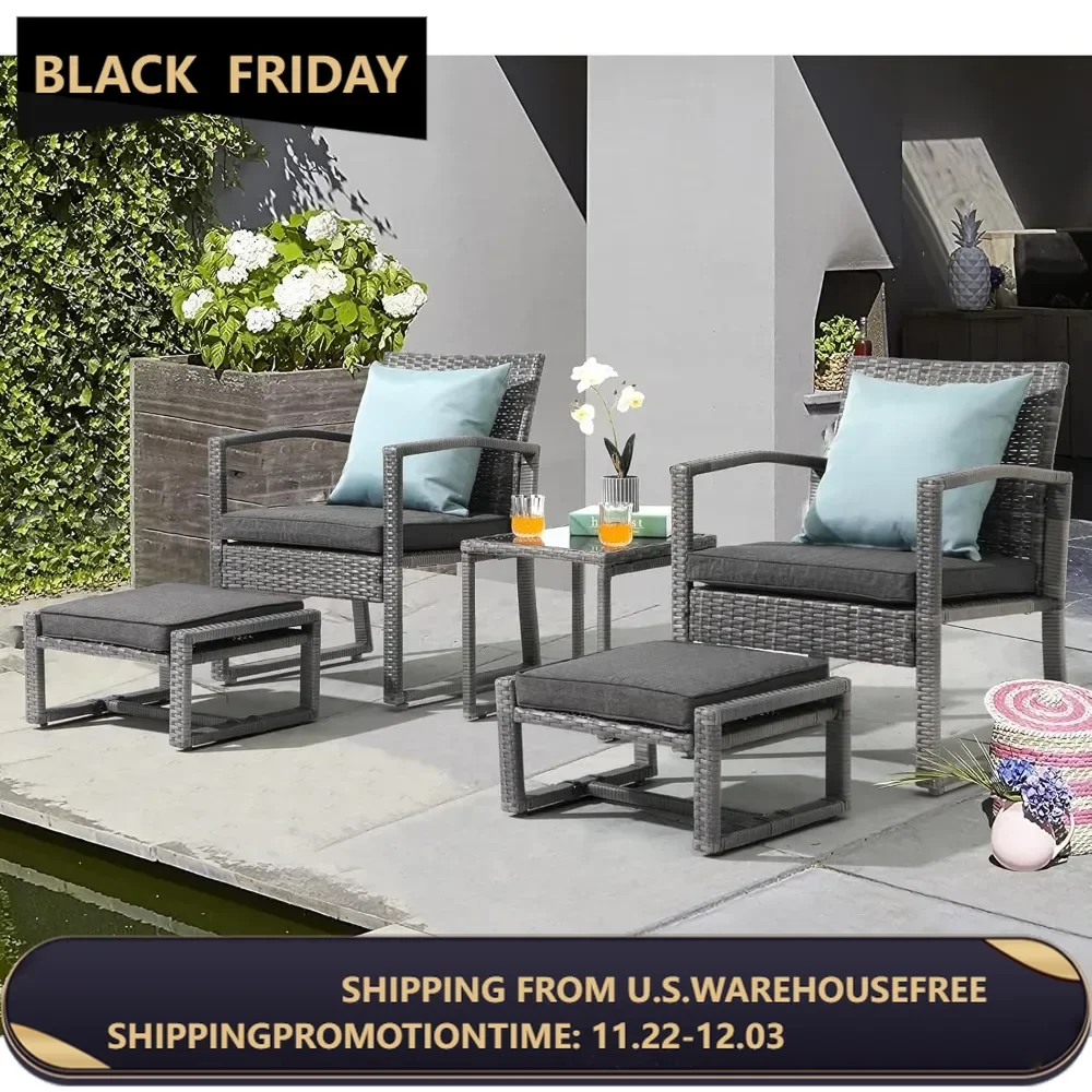 5 Piece Outdoor Patio Wicker Furniture Set, All Weather PE Rattan Chair and Ottoman Footstool Set, W/Coffee Table