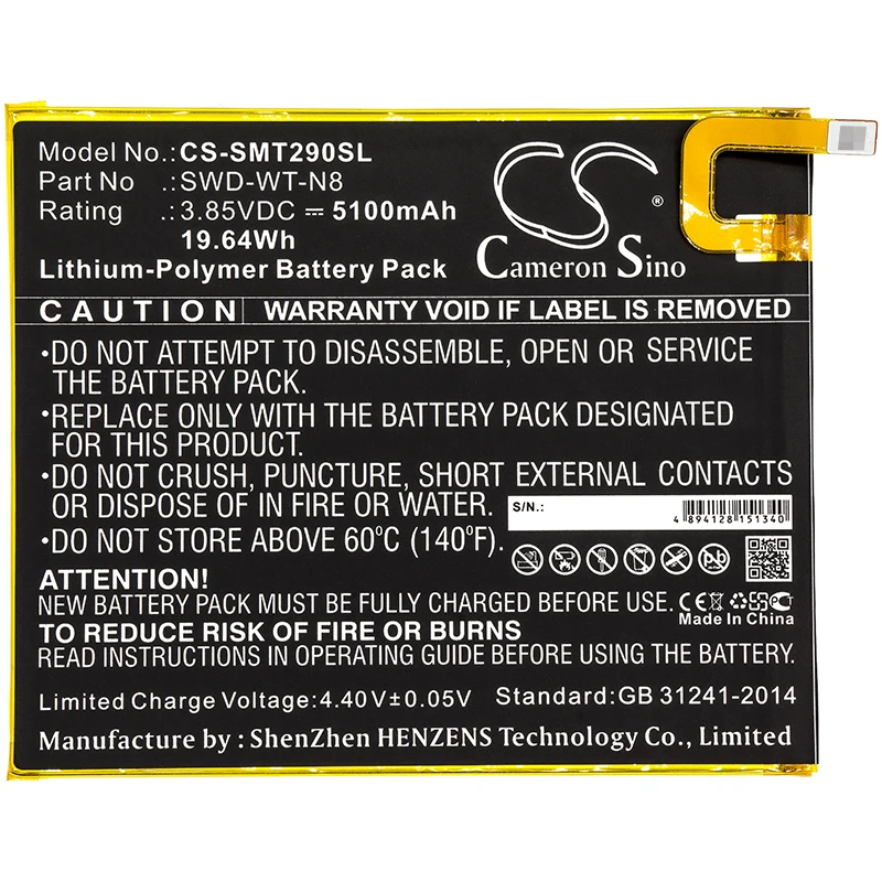 Tablet Battery For Samsung SWD-WT-N8 Galaxy Tab A 8.0 2019  SM-T290  SM-T295  SM-T295N  SM-T295C Volts 3.85  Capacity 5100mAh