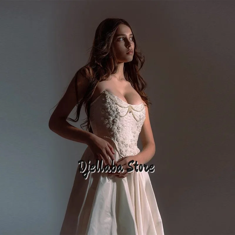 Gaun Pengantin Korset Tanpa Tali Model A-Line dengan Rumbai, Rantai Mutiara, dan Detail Bunga Elegan, Gaun Malam, Dapat Dipesan Sesuai Ukuran (vestidos de novia)