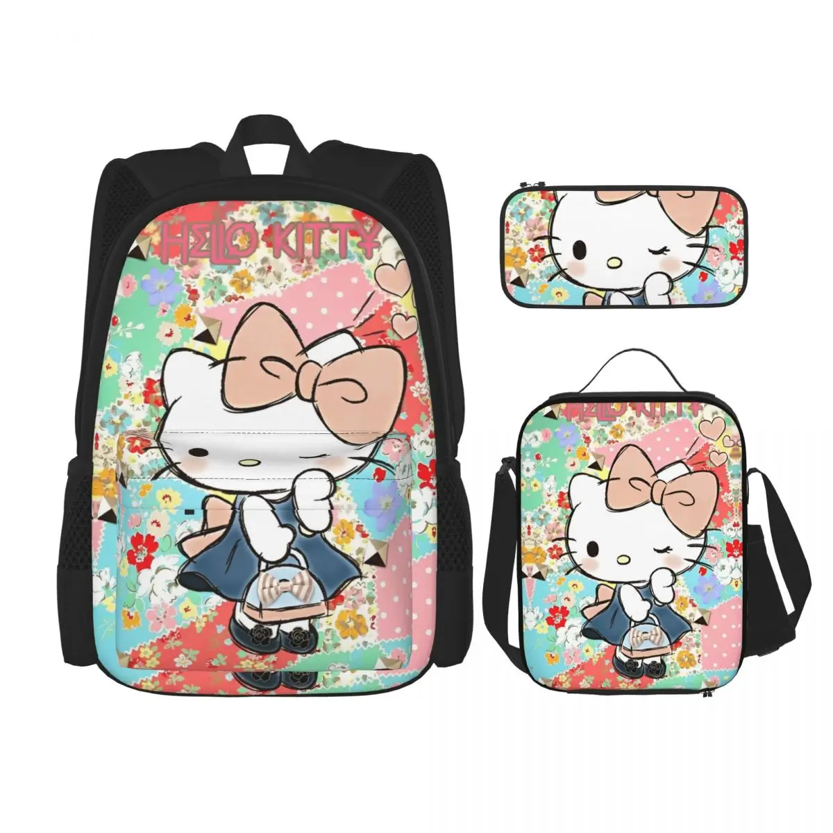 Hello Kitty 3pecs/set mochila para adolescentes lindo dibujos animados bolso de hombro universitario bolsa de almuerzo estuche para lápices