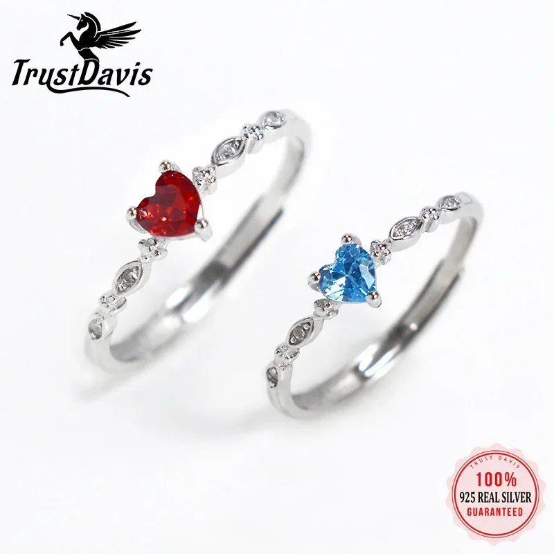 TrustDavis S925 Solid Sterling Silver Heart Color Zircon Cocktail Opening Ring for Women Grils Party Jewelry Wholesale DS3958