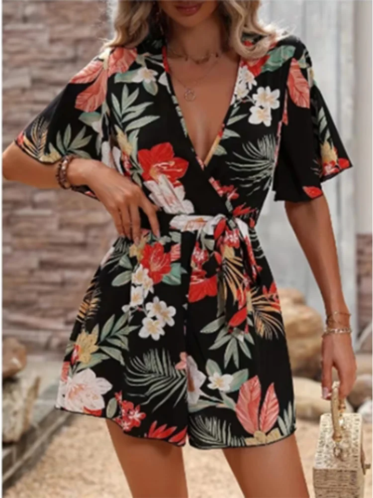 Printed V-neck Short Sleeve Jumpsuit Women Loose High Waisted Jumpsuit Beach Vacation Comfortable Summer Clothes