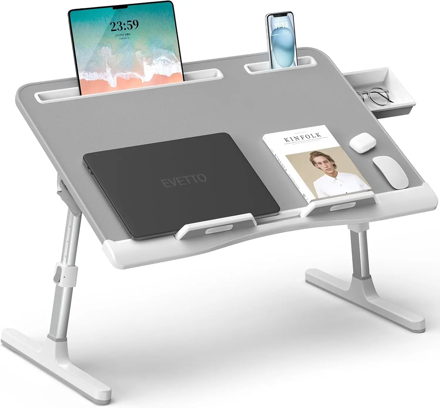 

Adjustable Laptop Bed Desk with Drawer, Foldable Lap Table for Sofa Floor Work, Grey 23.6 Inch