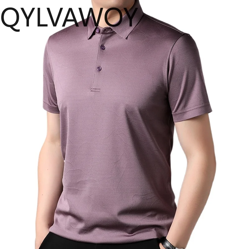 

QYLVAWOY 100% Натуральная шелковая футболка из тутового шелкопряда для мужчин, летняя, с коротким рукавом, однотонная, с отложным воротником, повседневная модная мужская рубашка-поло