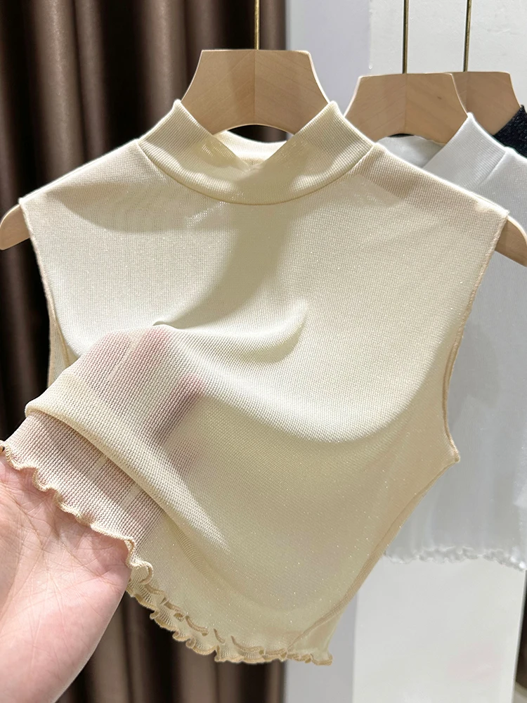 

Lace High Collar Base irt Women Early Spring Versatile Thin Me Svel Vest iny Tead Embellied Breathable Nylon