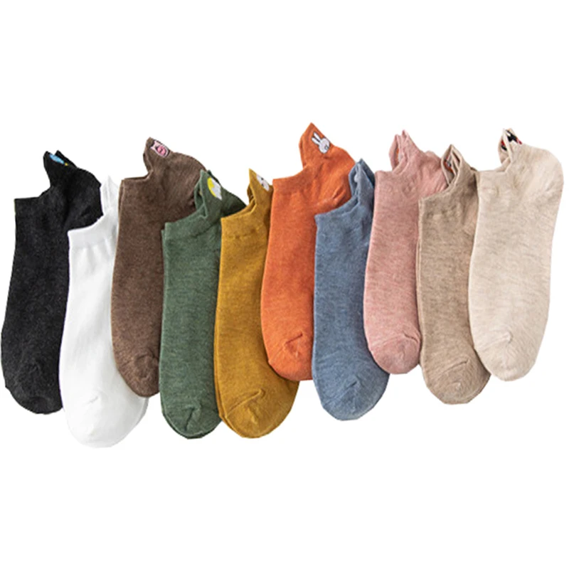 

5/10 Pair Korean Style Women Socks Embroidery Animal Funny Socks Set Kawaii Spring Summer Thin Ankle Low Cut Cool Socken
