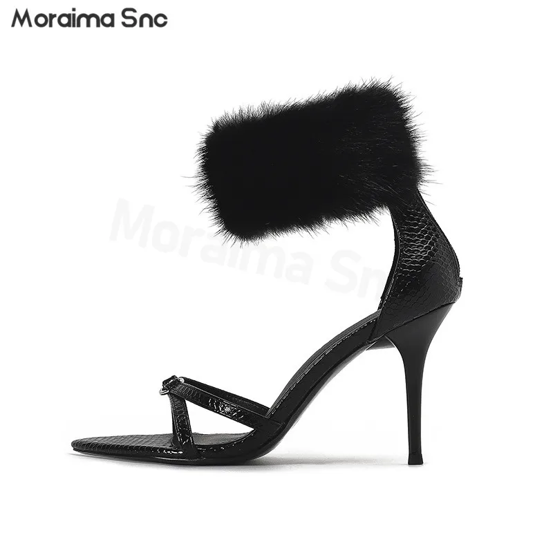 

Ankle Fur Black Sandals Pointed Toe Stilettos Sexy Snake Print One-Strap High Heels Ladies Temperament Fashion Sandals