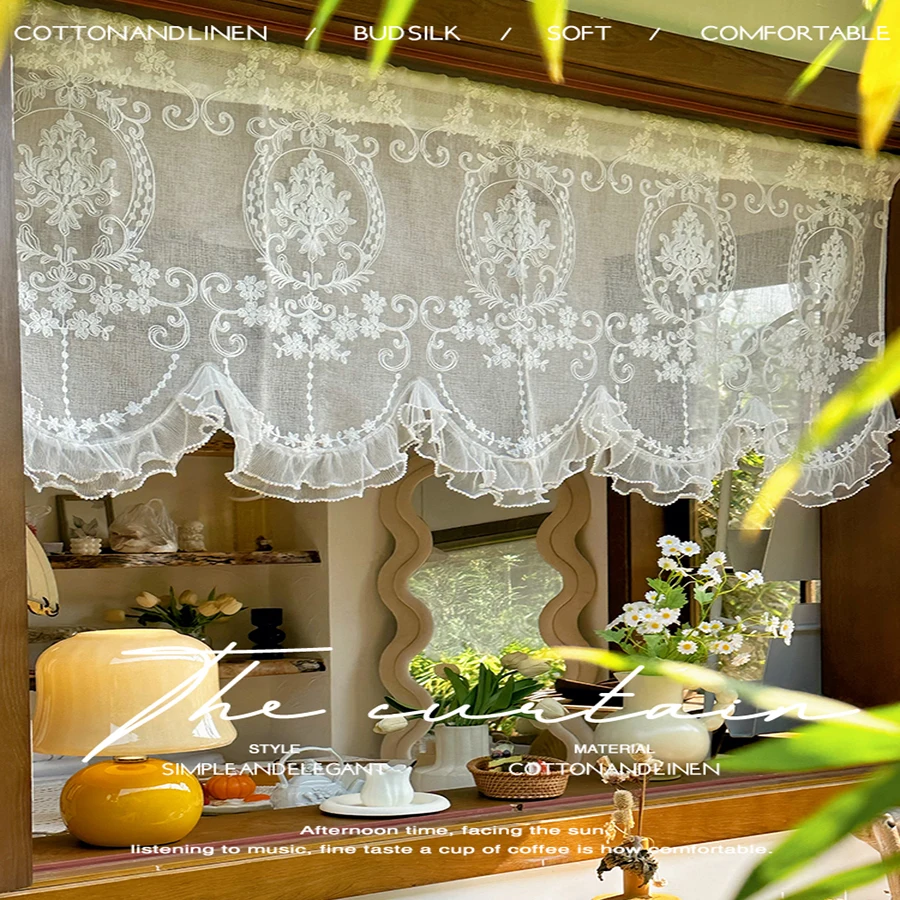 French Double Pearls Lace Bottom Short Sheer Curtain White High-Grade Embroidered Half Yarn Drapes For Window Kitchen Door