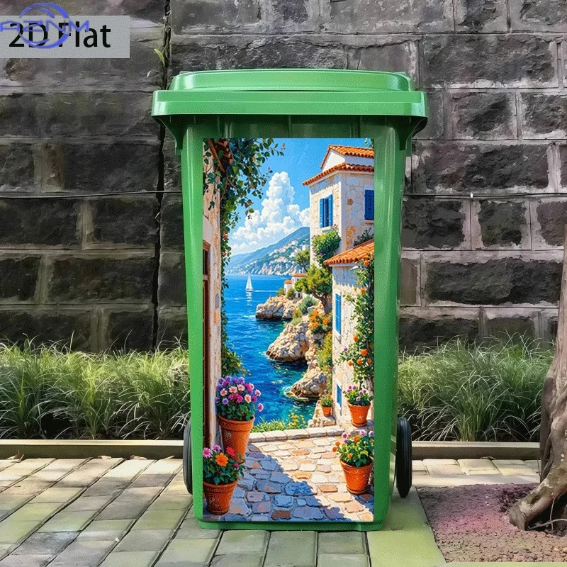 1pc of Trash Can Sticker[37×82 Cm] with a Theme Design of Blue Sea And Red Tiles, Self-Adhesive Wall Decoration Wallpaper for