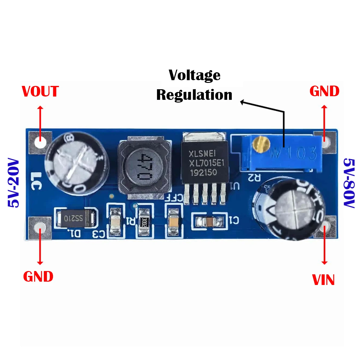 XL7015 DC-DC Conversor DC Módulo Step-down Módulo Buck 5V-80V a 5V-20V Entrada de Tensão Ampla Ajustável 7005A LM2596