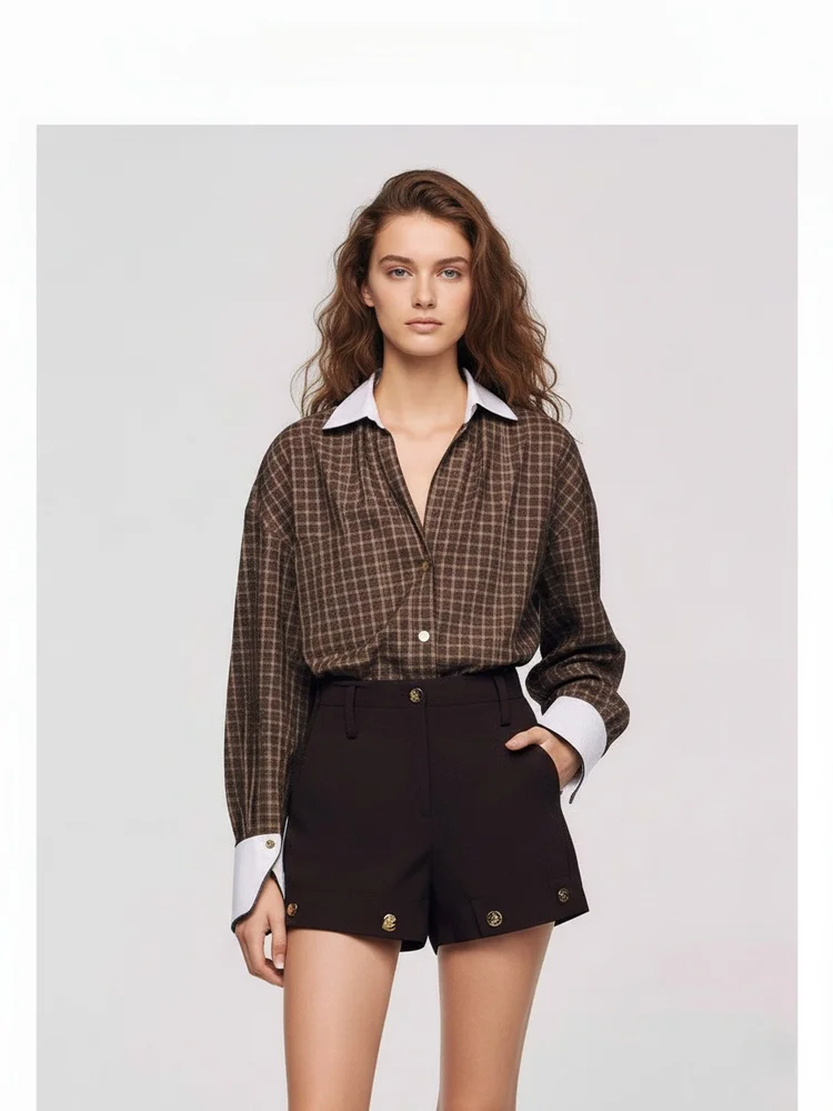 

Retro Plaid Long Sve Women's irt Stand Collar Color Blo Loose oulder Drop Cotton irt Girl's Faion Spring 2024