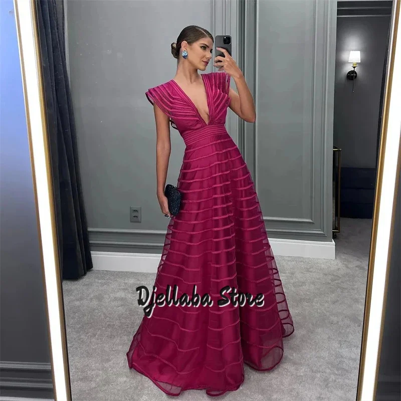 

A-Line Fuchsia Formal Dresses Pleat Sleeveless Prom Gown for Woman Deep V-Neck Wedding Party Dress robe de bal Customized