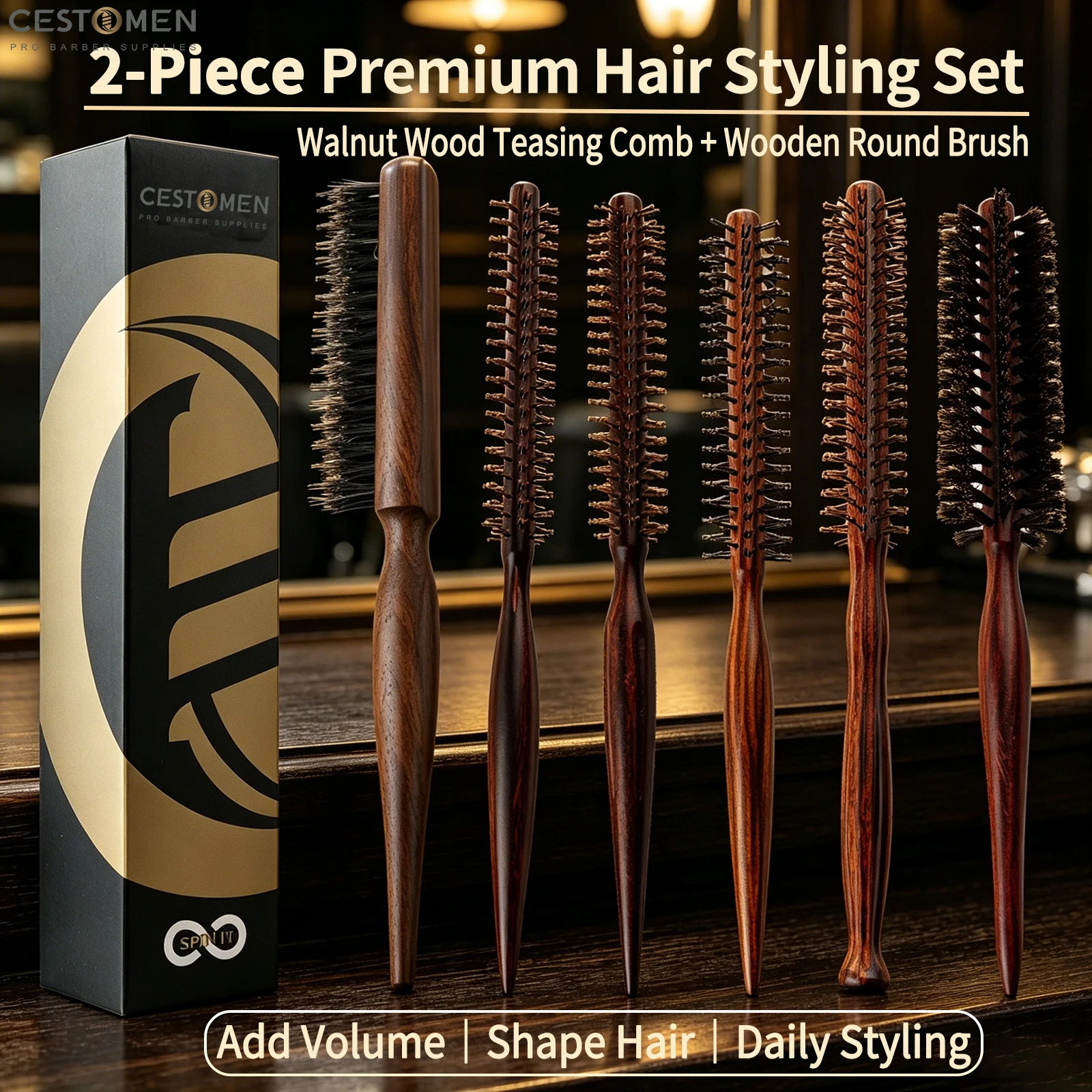 2Pcs New Pro Styling Comb Set Boar Bristle Curly Round Brush Wooden Stright Combs Teasing Hair Fluffy Comb Hairdresser Tools