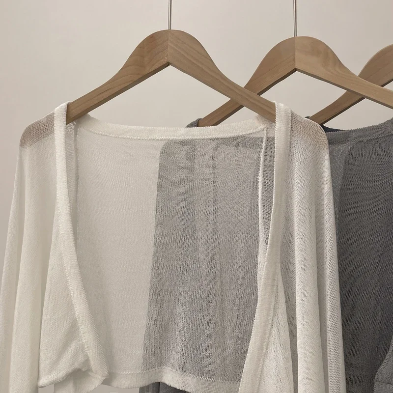 Cárdigan corto de punto de seda de hielo con protección solar para mujer, falda fina con tirantes, chaqueta de gasa en capas, cubierta con aire acondicionado