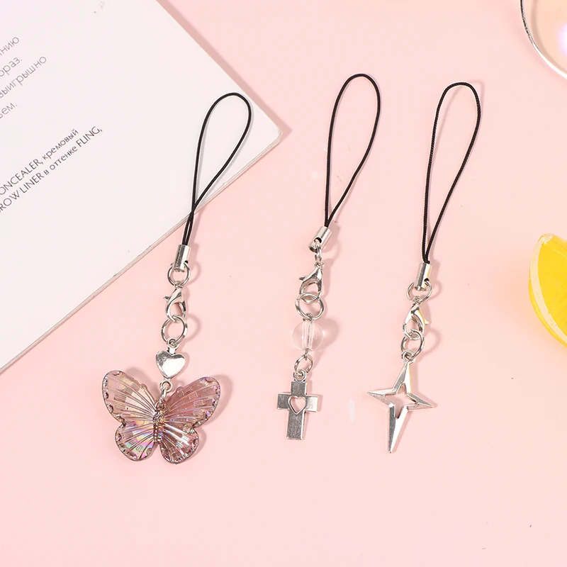 Mode Schmetterling Stern Kreuz Anhänger Telefon Lanyard für Mädchen minimalistische Y2K Handy Riemen Schlüsselanhänger Dekor