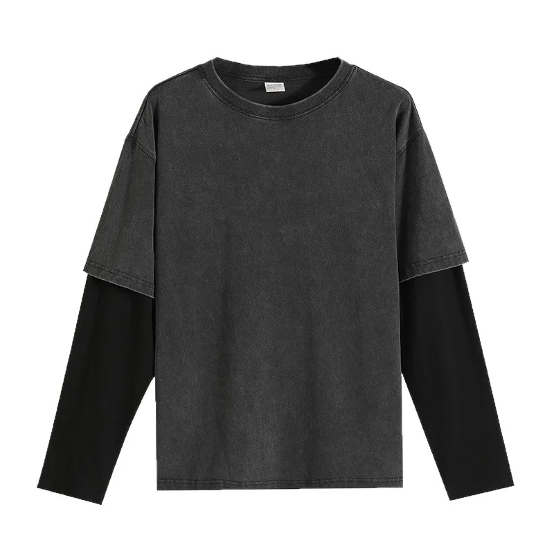 Men Vintage 300G Cotton Washed Snowflake Fake Two Piece Color Block Long Sleeve T Shirt Loose High Street Tops S-3XL