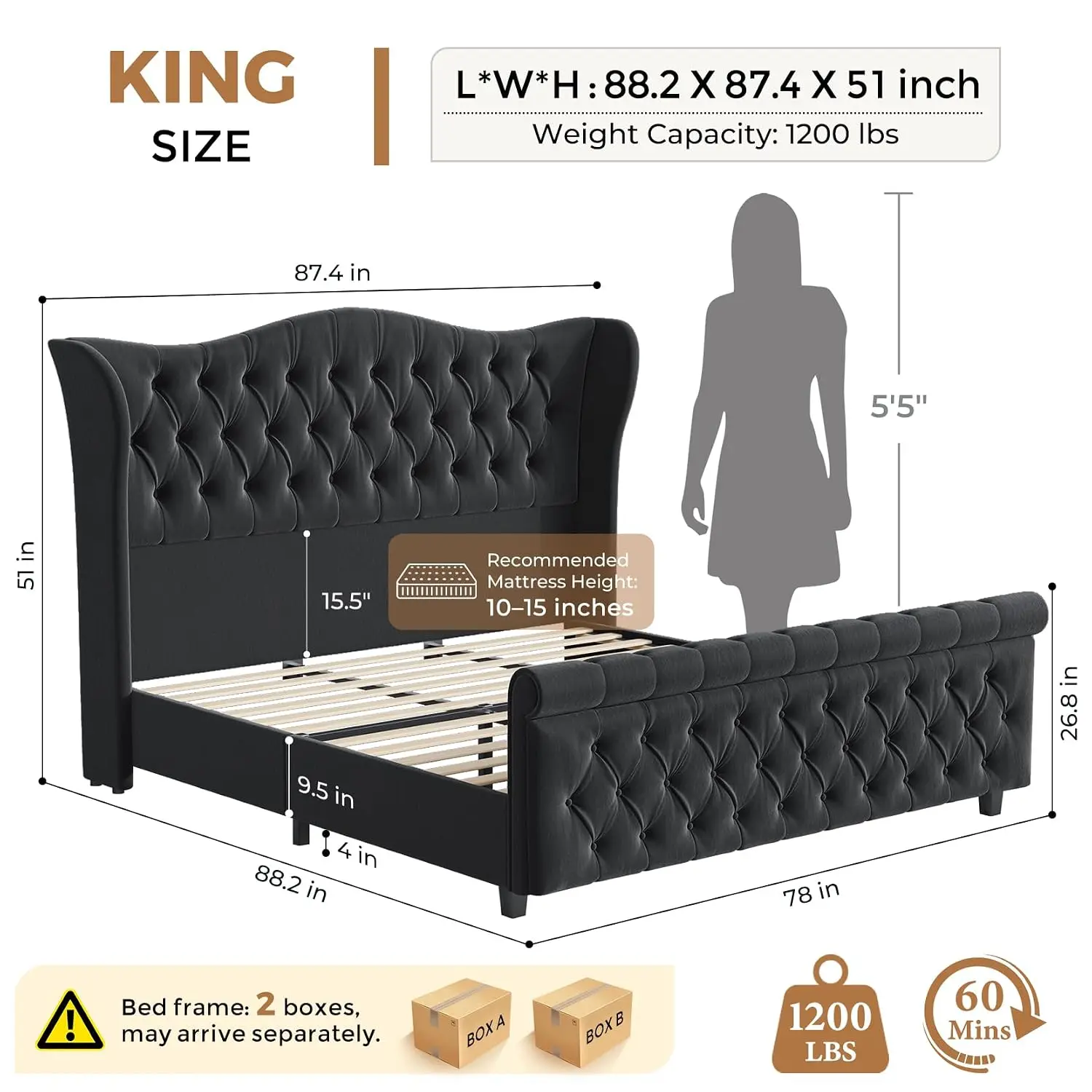 Velvet Sleigh Bed Frame King Size Scroll Wingback Tufted Headboard & Footboard No Box Spring Easy Assembly, Customized