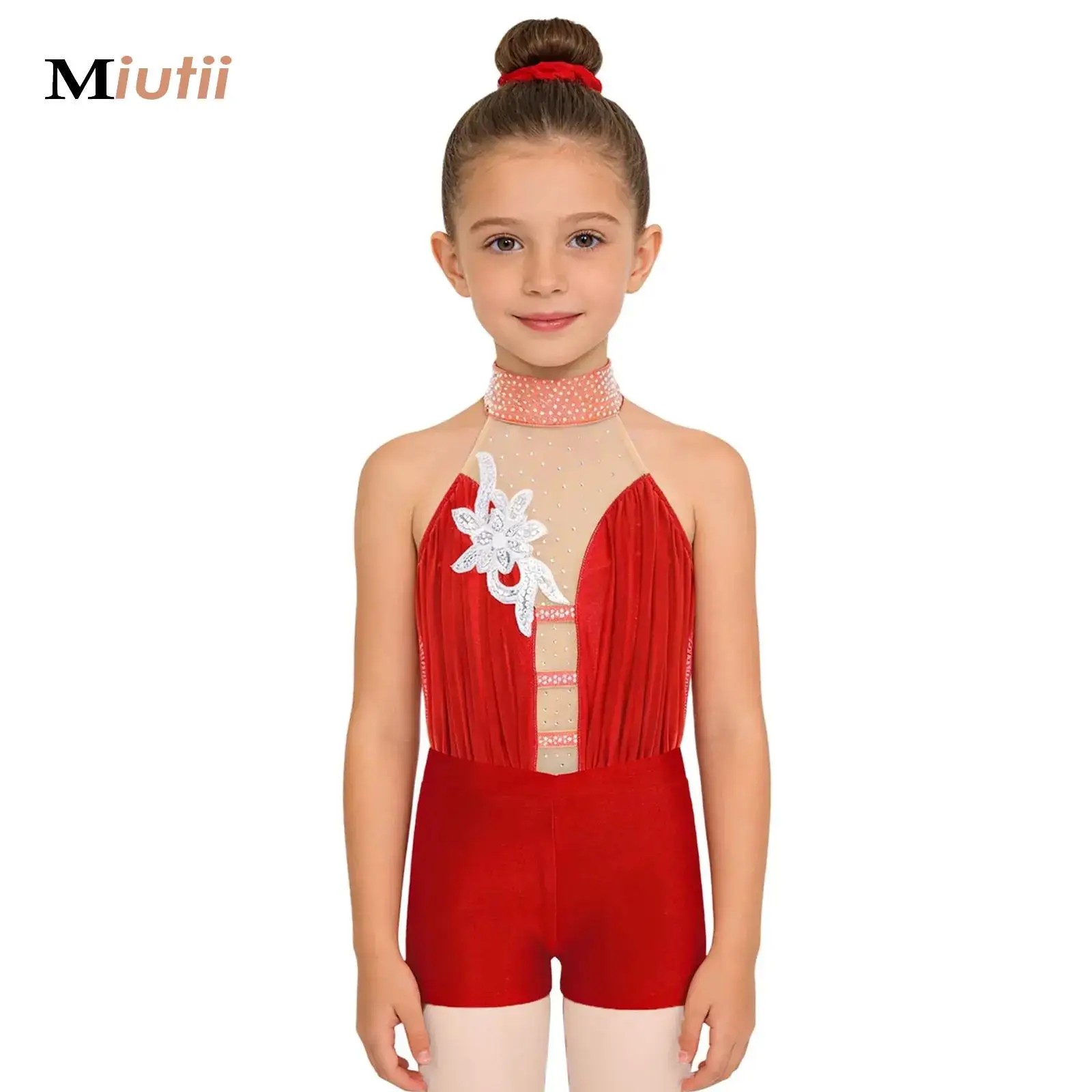 

Kid Girls Applique Rhinestone Ballet Leotards Gymnastics Bodysuit with Shorts Hairband Set Stage Performance Sleeveless Workout