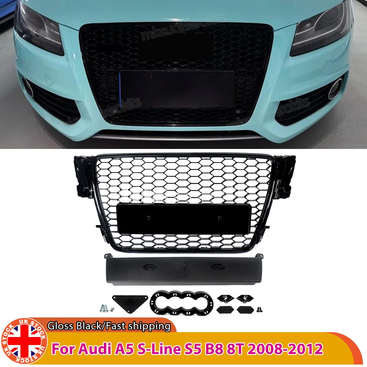 Griglia a nido d'ape per Audi A5 B8 S5 stile RS 2007-2012, griglia paraurti anteriore, rete di aspirazione aria radiatore, griglia sportiva anteriore, ABS nero lucido