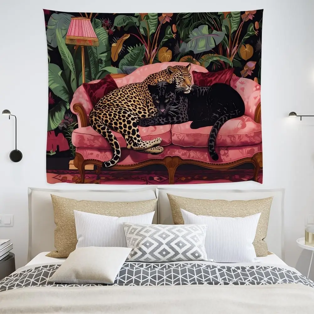 Eclectic Cheetah Tapestry Wall Hanging Snuggly Leopard Panther In a Vintage Couch Prints Tapestries Leopard Bedroom Dorm Living
