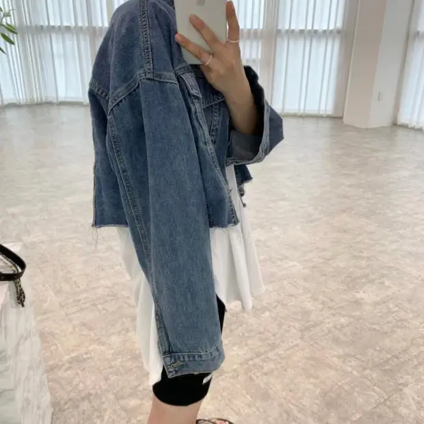 Classic Versatile Washed Denim Short Jacket for Small Stature Women Retro Cotton Blend Long Sleeve Button Decorated Coat