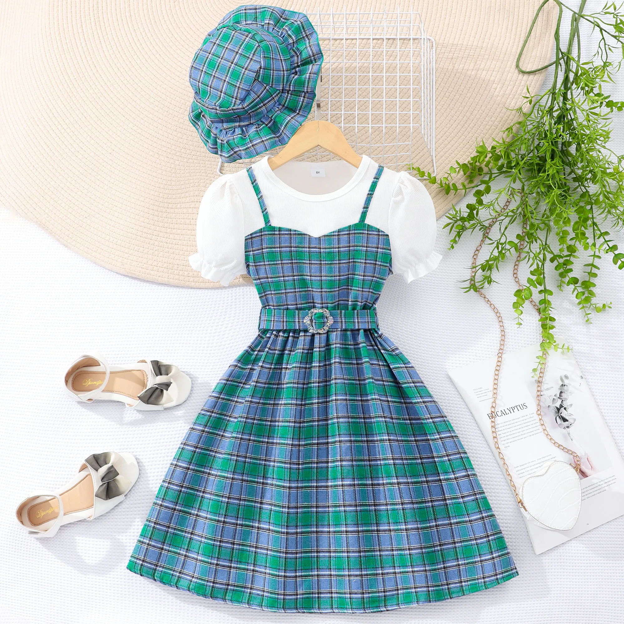 【Free Hat】Checkered Dress Teens Girl Clothes Short Sleeve 8 9 10 11 12 Years Old Summer Casual Freak 2 Pieces Women Clothing Set