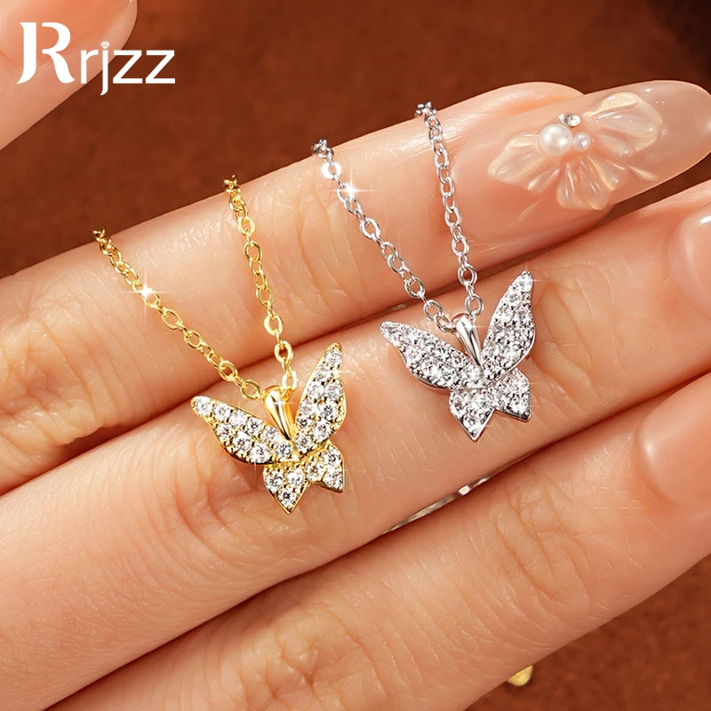 

Rrjzz Full Round Moissanite Butterfly Pendant Necklace VVS1 D-Color Lab Created Diamond Necklace for Women GRA Jewelry Gifts