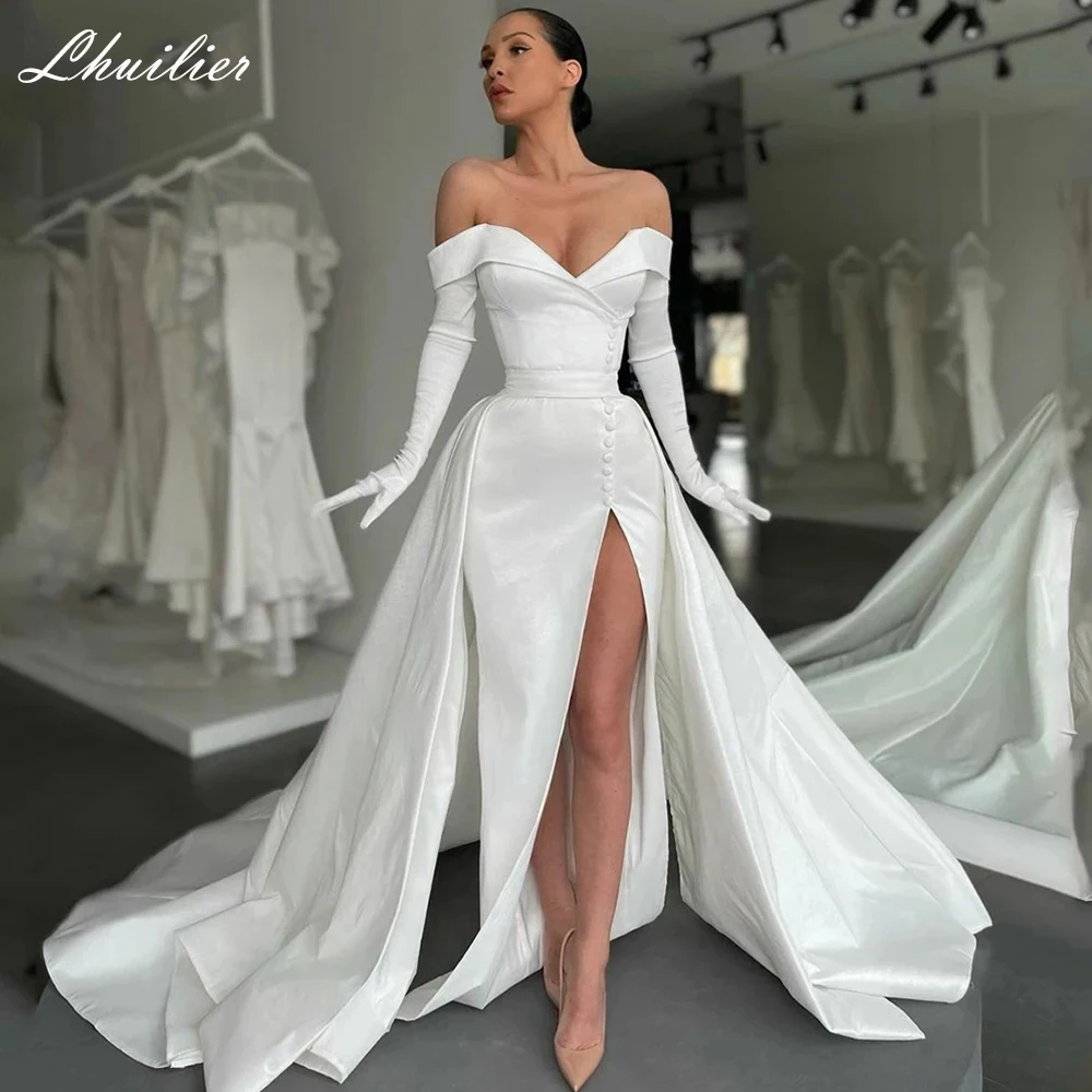 Lhuillier 2 in 1 Sexy V Neck Satin Wedding Dresses Off the Shoulder High Slit Bridal Dress with Detachable Train