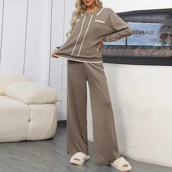 

Women's Knitted Two Piece Set Polo Collar Cropped Sweater with Wide Leg Pants, Winter Lounge Set