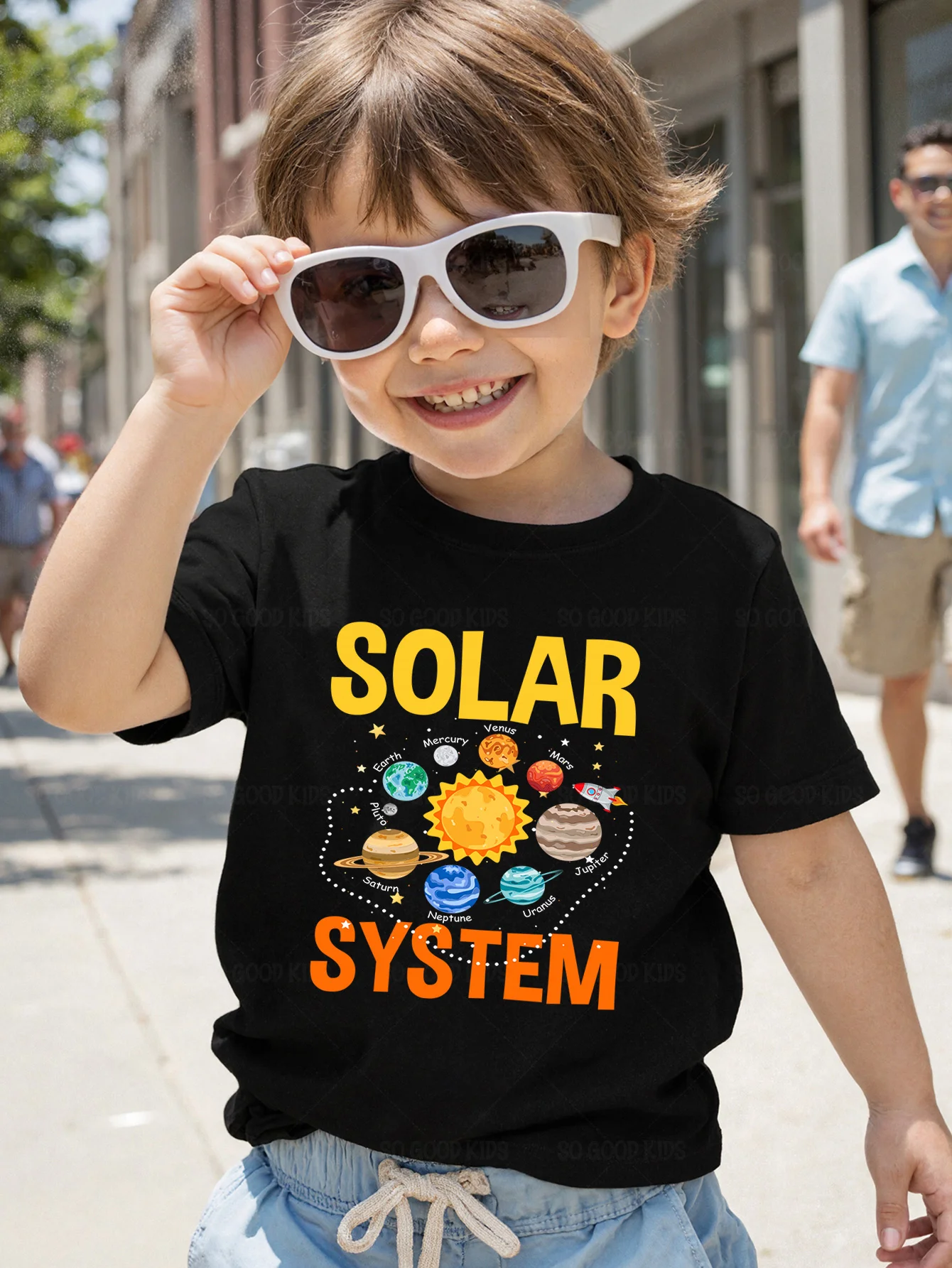 Solar System Sun Planets Rocket Outer Space Cartoon Graphic Kids T Shirt Boys Girls Family Matching Summer Crew Neck Casual Tee