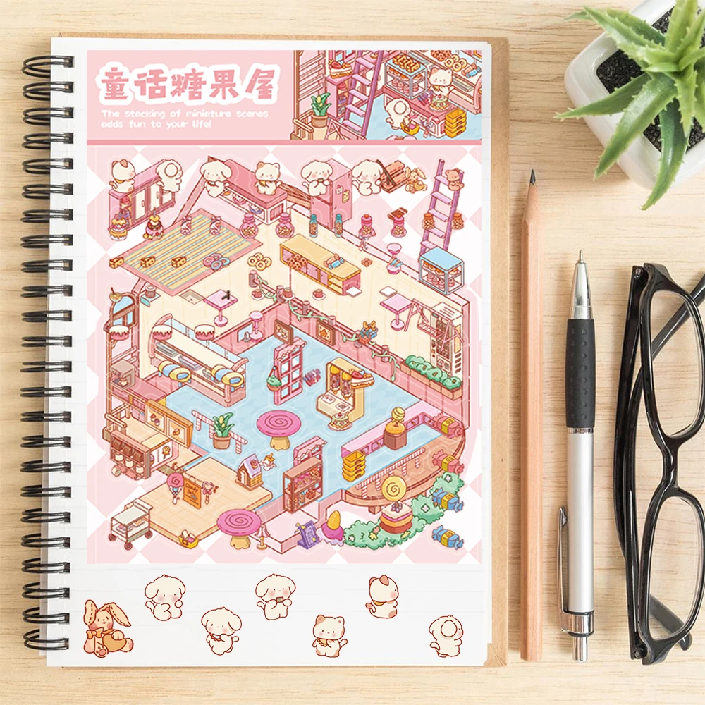 Kawaii Cartoon Fairy Tale Candy House Landscaping Stickers Stacking and Pasting Hand Account Creative Gift Suitcase Creative