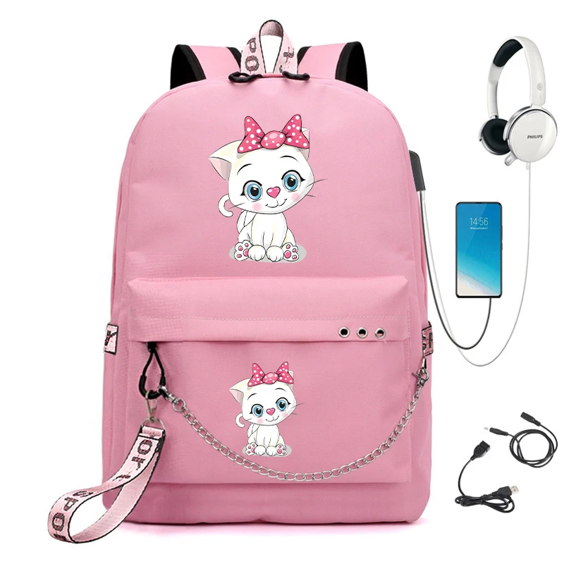 Students Backpack School Bag Back Pack Teenager Schoolbag Cartoon Cat Cute Kitten Boy Girls Backpack Canvas Usb Charging Bookbag