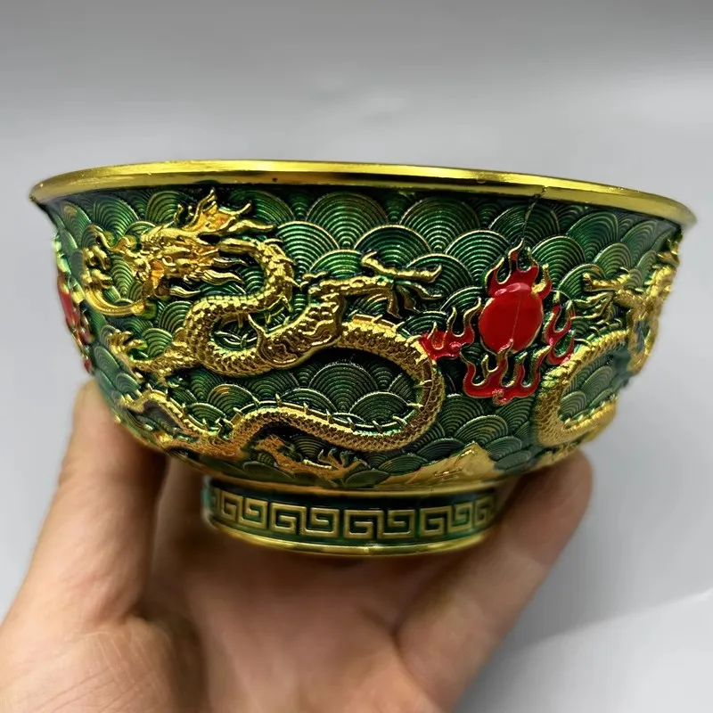 Retro Cloisonne Gold Plated Double Dragon Bowl Home Decoration