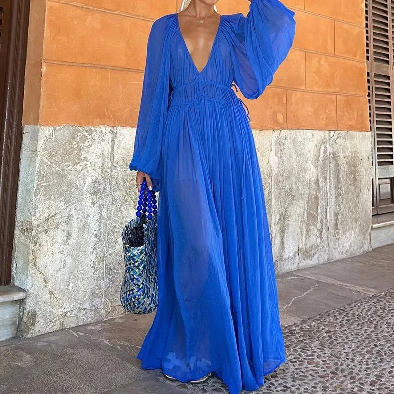 Abito da festa plissettato con scollo a V profondo sexy Abito lungo Boho a vita alta solido primaverile da donna Nuovo abito maxi con orlo a maniche lunghe autunnale